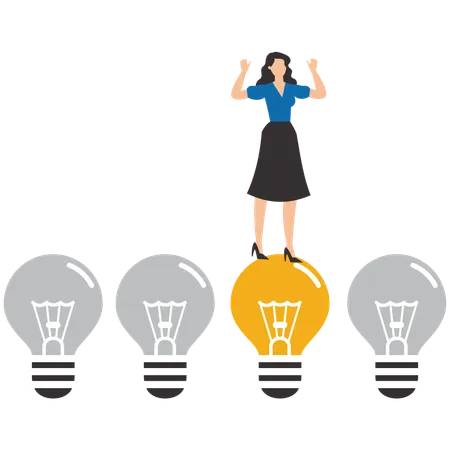 Smart businesswoman chooses a light bulb that is on from several that are off  Illustration