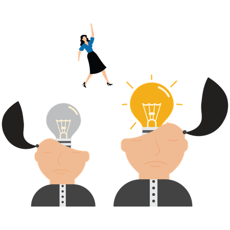 Smart businesswoman jump from old to new shiny lightbulb idea  Illustration