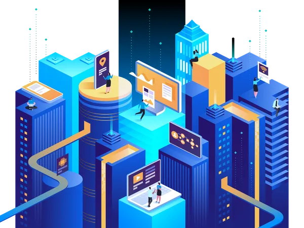 Smart City Isometric Illustration Intelligent Buildings Streets Of The City Connected To Computer Network Internet Of Things Concept Business Center With Skyscrapers Illustration