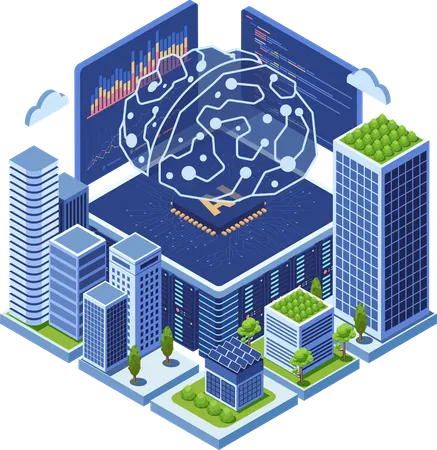 AI 뇌 신경망 기술로 구동되는 아이소메트릭 스마트 시티 인공 지능 스마트하고 지속 가능한 도시 개념 일러스트레이션