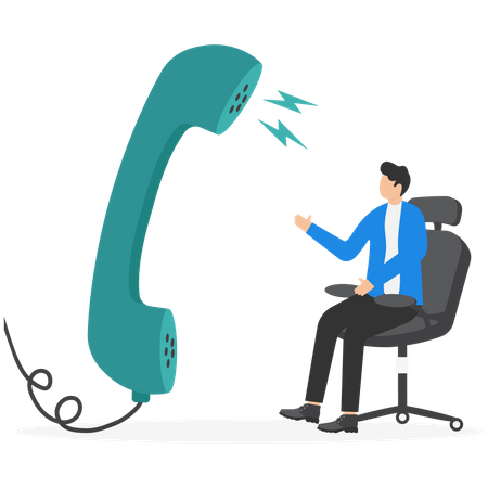 Smart confidence businessman job candidate answer interview questions with big telephone from recruiter  Illustration