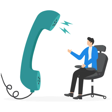 Job Interview Via Phone Call Or Conference Meeting On Telephone Concept Smart Confidence Businessman Job Candidate Answer Interview Questions With Big Telephone From Recruiter Or Employer Illustration