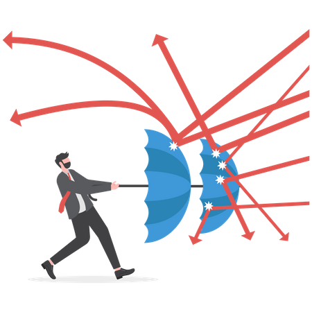 Smart confident businessman holding umbrella to protect from arrow  Illustration