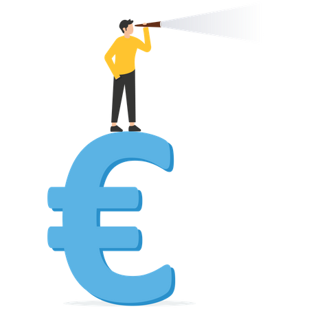 Smart confident businessman standing on Euro money sign using telescope to see future prediction  Illustration