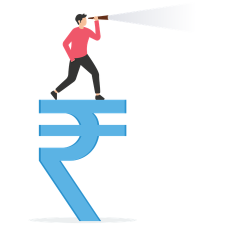Smart confident businessman standing on Rupee money sign using telescope to see future prediction  Illustration