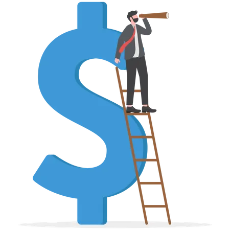 Vision For Global Financial Or Economy Business Opportunity Or Investment Forecast Concept Smart Confident Businessman Standing On US Dollar Money Sign Using Telescope To See Future Prediction Illustration
