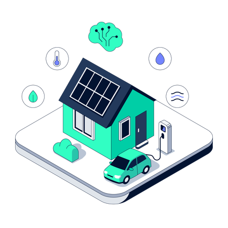 Smart Eco House integrates Solar Panels and electric car charger  Illustration