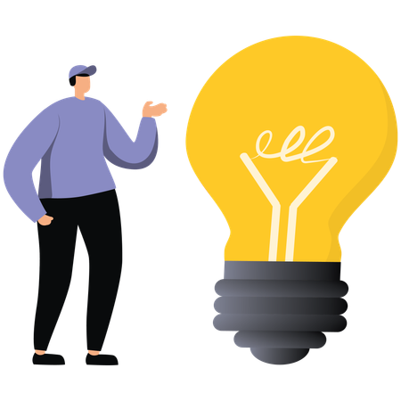 Smart entrepreneur thinking with big oversized idea light bulb  Illustration
