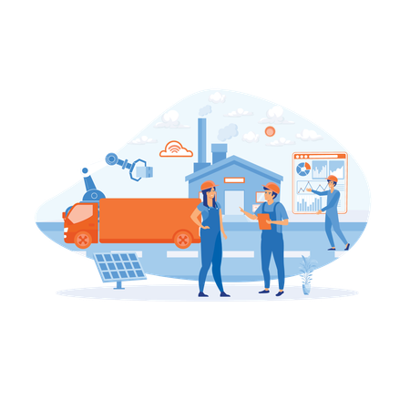 Smart Factories and working people use wireless technology to control  Illustration