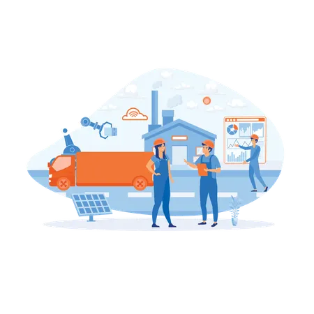 Smart Factories and working people use wireless technology to control  Illustration