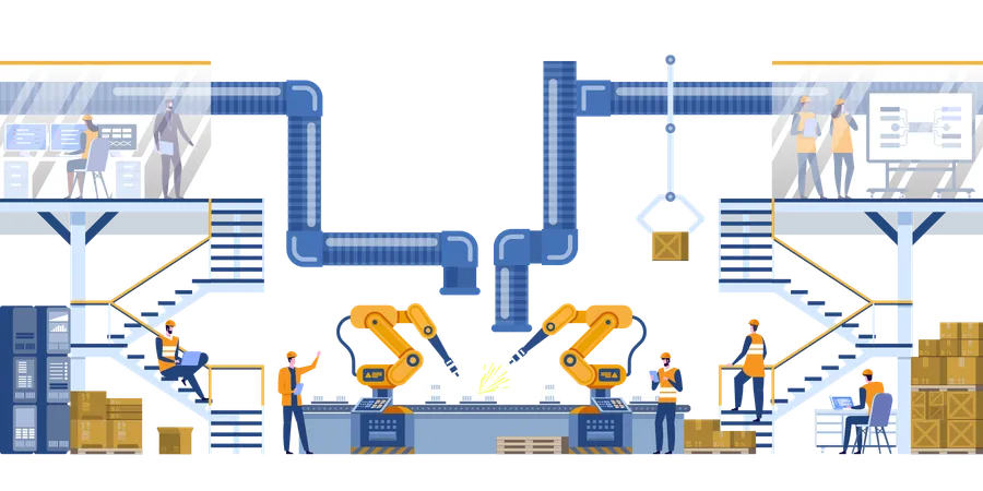 Smart Factory Interior With Robotic Arms Workers Engeneers And Manager Smart Industry 4 0 High Detailed Vector Illustration イラスト
