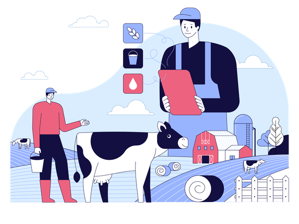 Smart farmer using tablet to monitor and control cow farm  Illustration