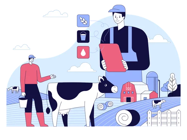 Smart farmer using tablet to monitor and control cow farm  Illustration