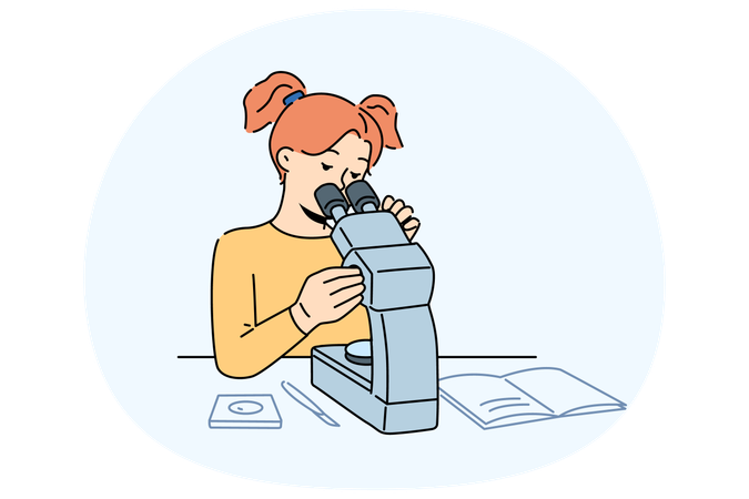 Smart girl look in microscope  Illustration