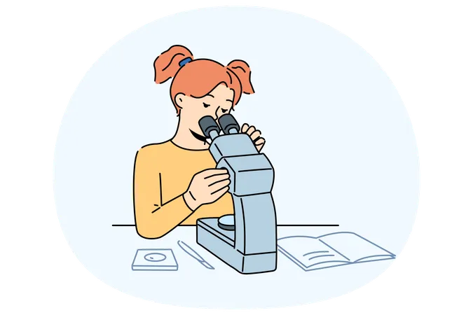 Smart girl look in microscope  Illustration