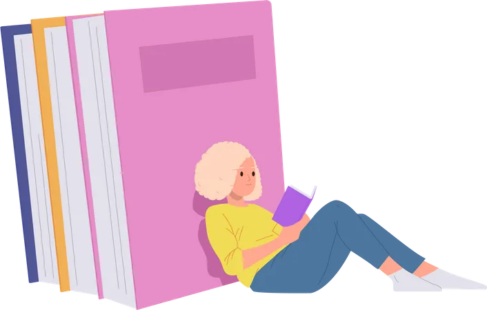 Smart girl reading book studying and learning language  Illustration