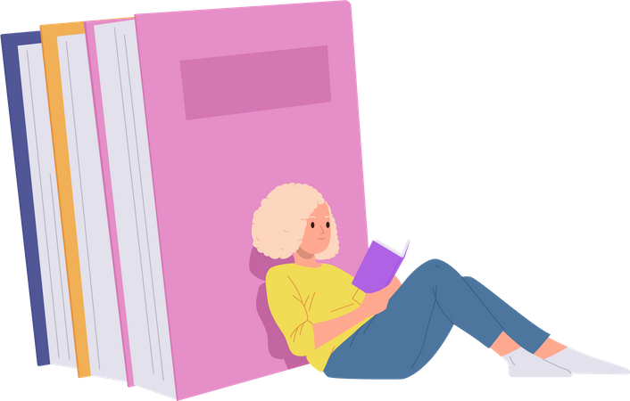 Smart girl reading book studying and learning language  Illustration