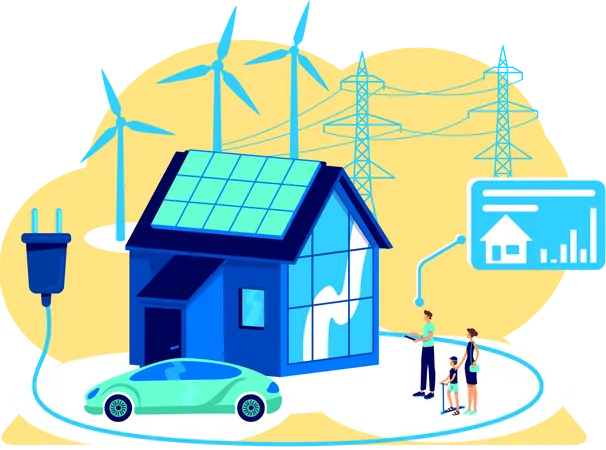 Smart Home Flat Concept Vector Illustration Monitoring House Technology With Tablet Eco Energy Generation Wireless Device Control User 2 D Cartoon Characters For Web Design Smart Grid Creative Idea イラスト
