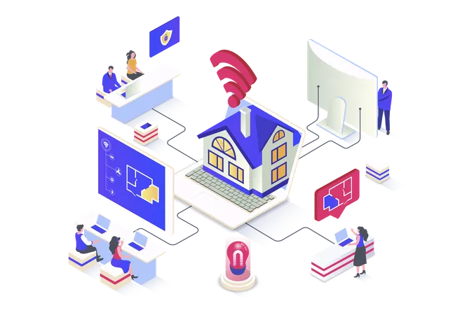 Smart Home Concept In 3 D Isometric Design Remote Monitoring And Control Of Security Systems And Other Sensors In Apartment Or House Vector Illustration With Isometry People Scene For Web Graphic Illustration