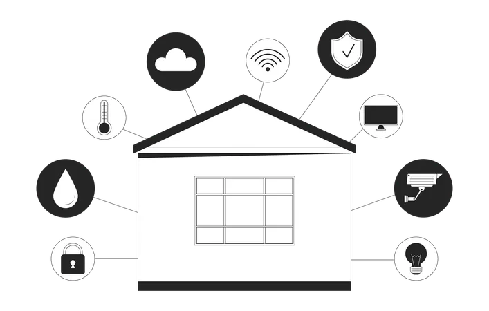 Smart Home Controls Black And White 2 D Illustration Concept Security Thermostat Cloud Technology Cartoon Outline Object Isolated On White Automate Connected Devices Metaphor Monochrome Vector Art Illustration