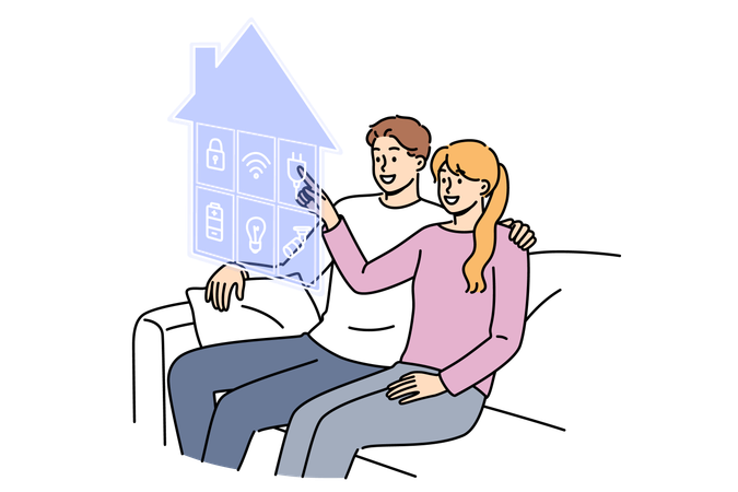Smart home technology helps men and women control iot equipment without leaving couch  イラスト