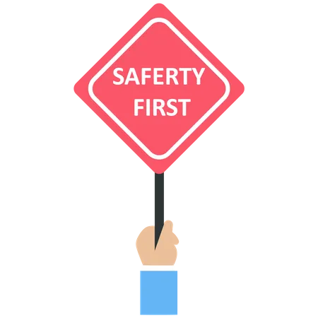 Smart human hand holds a safety first signage  イラスト