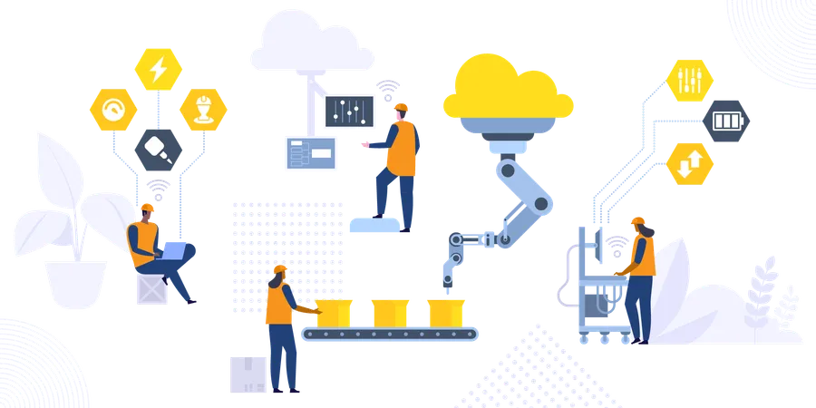 Smart Industry 4 0 Vector Illustration Concept Production Line With Workers Automation And User Interface Concept User Connecting With A Tablet And Sharing Data With A Cyber Physical System Illustration