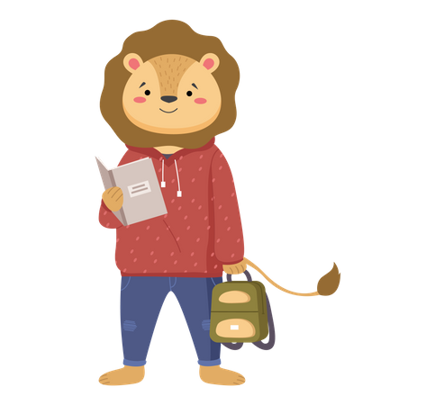 Smart lion schoolboy holding book and school bag  Illustration