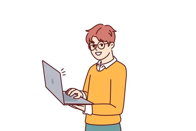 Smart Little Boy With Open Laptop For Preparing Homework Assigned From School Stands And Looks At Camera Schoolboy In Casual Wear Holding Laptop Using Internet And Learning Software Development Illustration