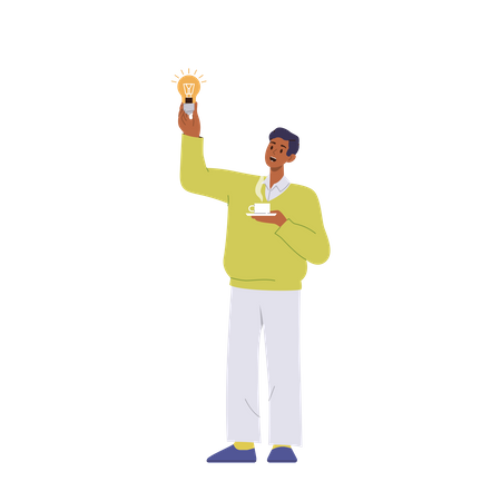 Smart Man Holding Steaming Cup Of Coffee And Idea Light Bulb Standing Illustration