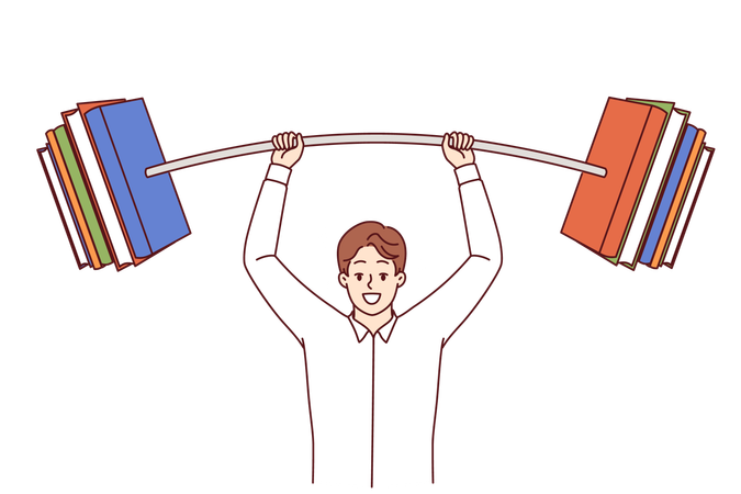 Smart man lifts barbell made of books over head, showing off knowledge gained from literature  Illustration