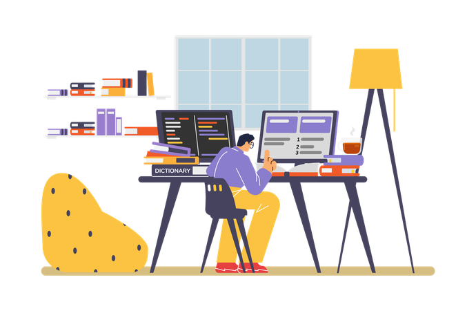 Smart man translator working with computer and many books  Illustration