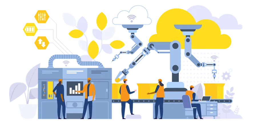 Manufacturing Process Flat Vector Illustration Factory Workers Engineer Working With Computer Cartoon Characters High Tech Robotic Machinery Smart Industry Controlling Production Operation Illustration