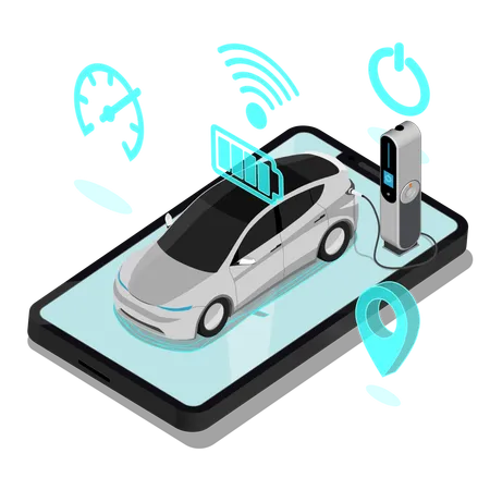 Smart Phone Show Function Menu Control Electric Vehicle By Wireless Illustration