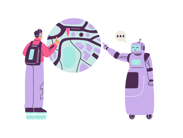 キャラクターが道を見つけるのを手伝うスマートロボット  イラスト