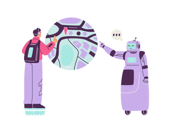キャラクターが道を見つけるのを手伝うスマートロボット  イラスト