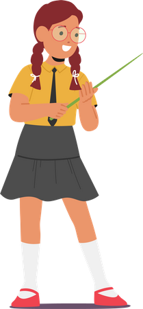 Smart School Girl Character Wearing Glasses Confidently Holds Pointer  Illustration