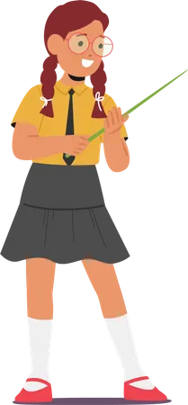 Smart School Girl Character Wearing Glasses Confidently Holds Pointer