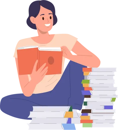Young female reading sitting at book sack  Illustration