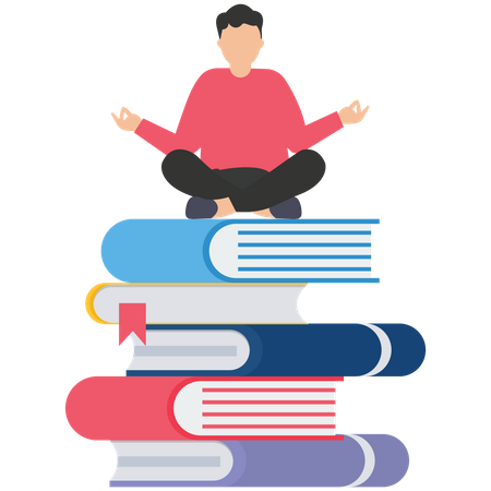 Smart success businessman meditating and learn new skill on stack of business books  イラスト