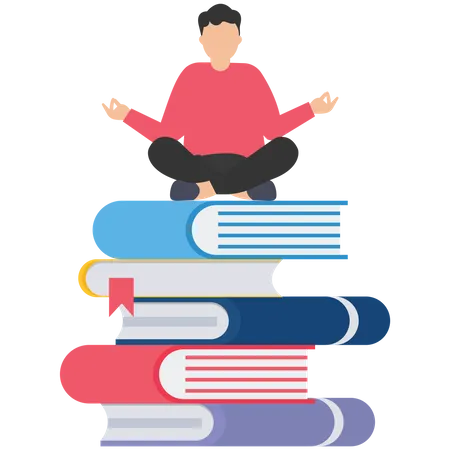 Smart success businessman meditating and learn new skill on stack of business books  イラスト