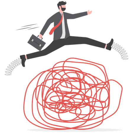 Smart superpower businessman jump pass trouble metaphor of business crisis  Illustration