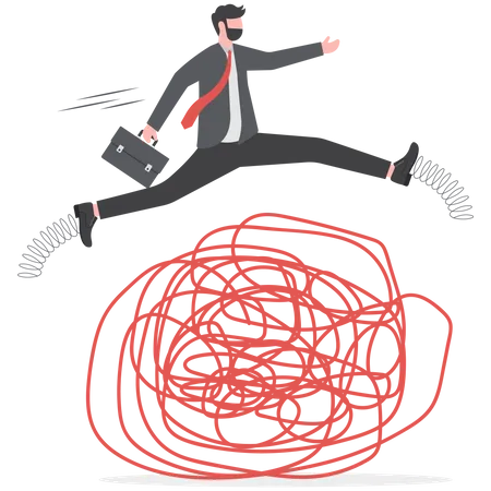 Smart superpower businessman jump pass trouble metaphor of business crisis  Illustration