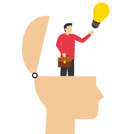 Smart Thinking Creative Mindset Or Emotional Intelligence Smart Thinking Or Psychology Concept Of Wisdom Or Intuition In Genius Brain Smart Businessman Turning On Light Bulb Idea In His Genius Head Illustration