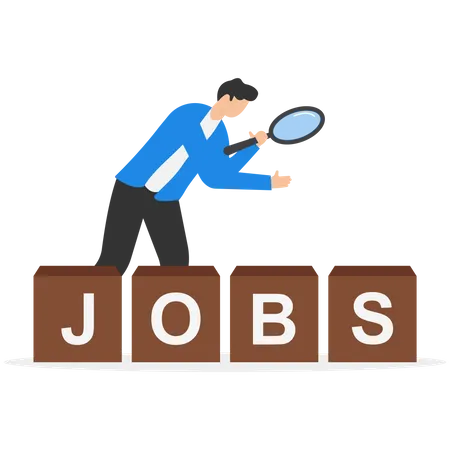 Searching For Jobs Recruitment Or Opportunity For Candidates To Find Right Work And Employer Smart Unemployed Businessman Using Magnifying Glass To Look At A Stack Of Boxes With The Word Jobs Illustration
