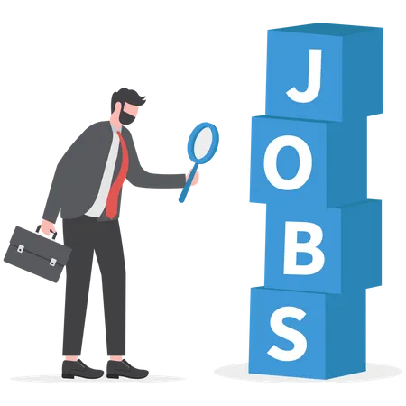 Searching For Jobs Recruitment Or Opportunity For Candidate To Finding Right Work And Employer Smart Unemployed Businessman Using Magnifying Glass To Looking At Stack Of Boxes With The Word Jobs Illustration