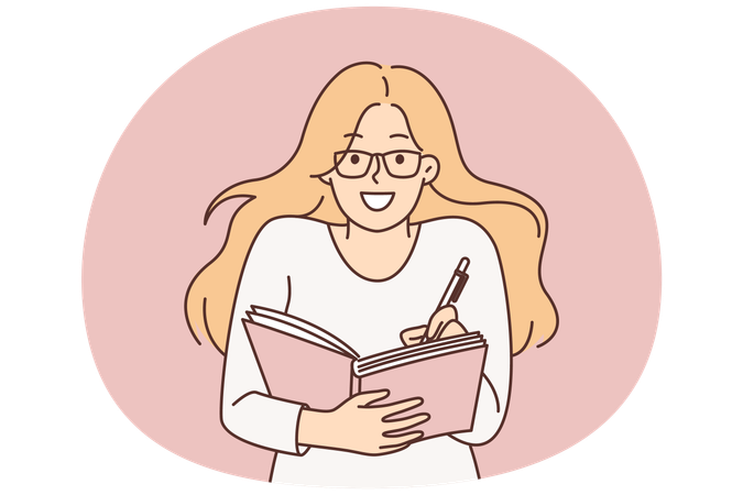 Smart woman student holding pen and notepad writing down lecture with secret desires  Illustration