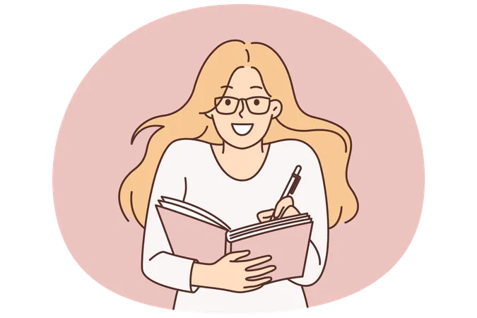 Smart woman student holding pen and notepad writing down lecture with secret desires  Illustration
