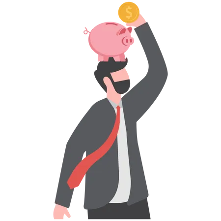Smart young adult man putting money dollar coins into a piggy bank on his head  Illustration