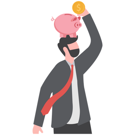 Smart young adult man putting money dollar coins into a piggy bank on his head  Illustration